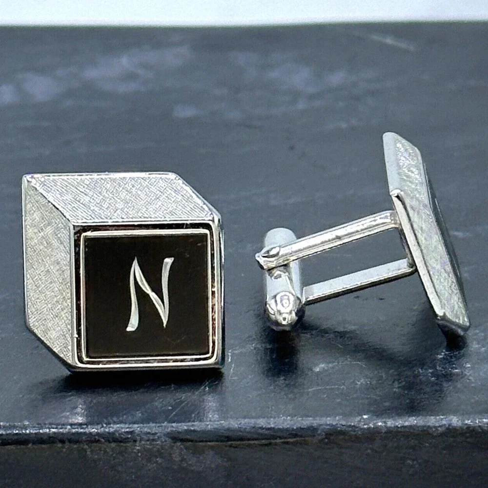 Swank Vintage Silver Tone Etched Monogram Initial N Letter Bullet Back Cufflinks